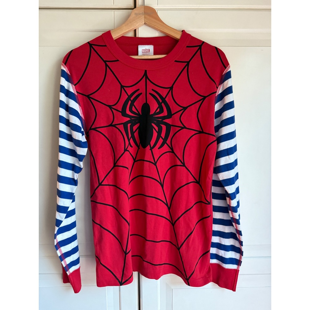 Hanna‎ Andersson Marvel Spider-Man Graphic Pajama Top Tee Blue Striped Sleeves S